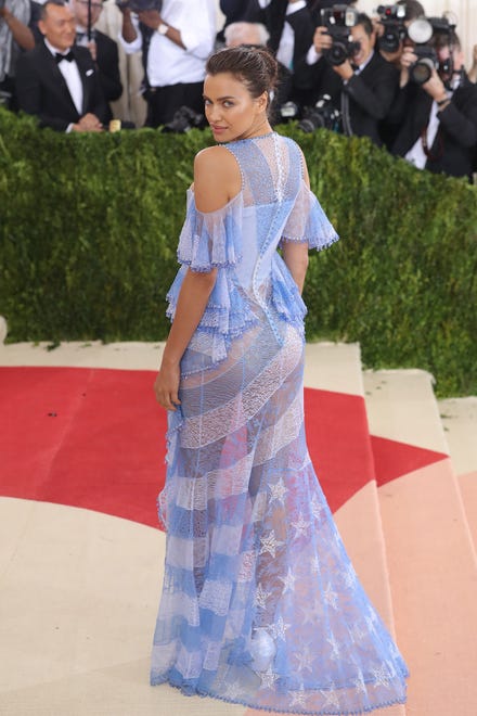 Irina Shayk wore a stars and stripes patterned gown at the 2016 Met Gala.