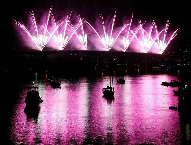 Fireworks light up the night sky above the Manette Bridge during the Bremerton Bridge Blast on Saturday, June 29, 2024 in Bremerton, Wa.