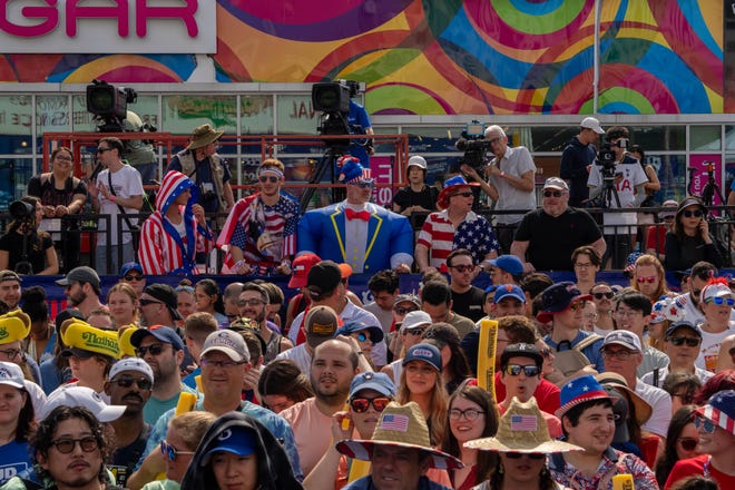 Crowds gather before Nathan's Annual Hot Dog Eating Contest on July 4, 2024 in New York City.