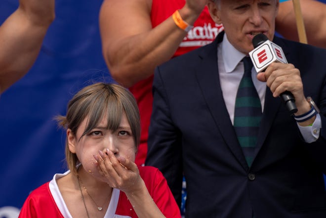 Mayoi "Ebimayo" Ebihara from Tokyo, Japan competes for the women's title at Nathan's Annual Hot Dog Eating Contest on July 4, 2024 in New York City.